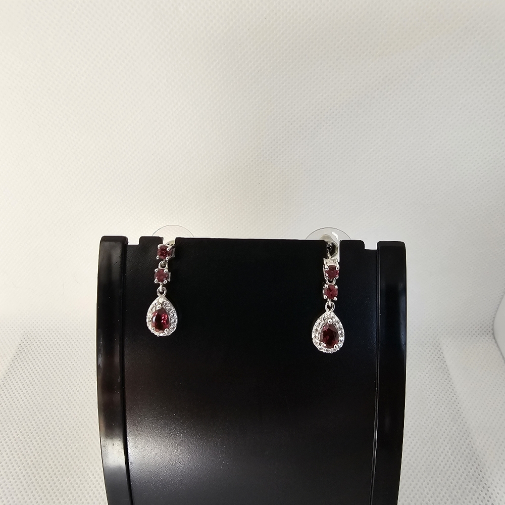 Tanzanian Wine Garnet & White Zircon Earrings in Rhodium & Sterling Silver 2 Cts - Picture 7 of 8